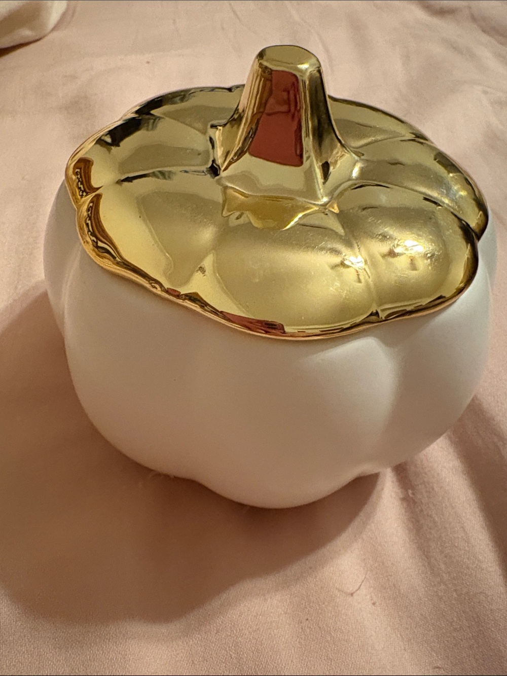 White Ceramic Pumpkin Candle with Gold Lid